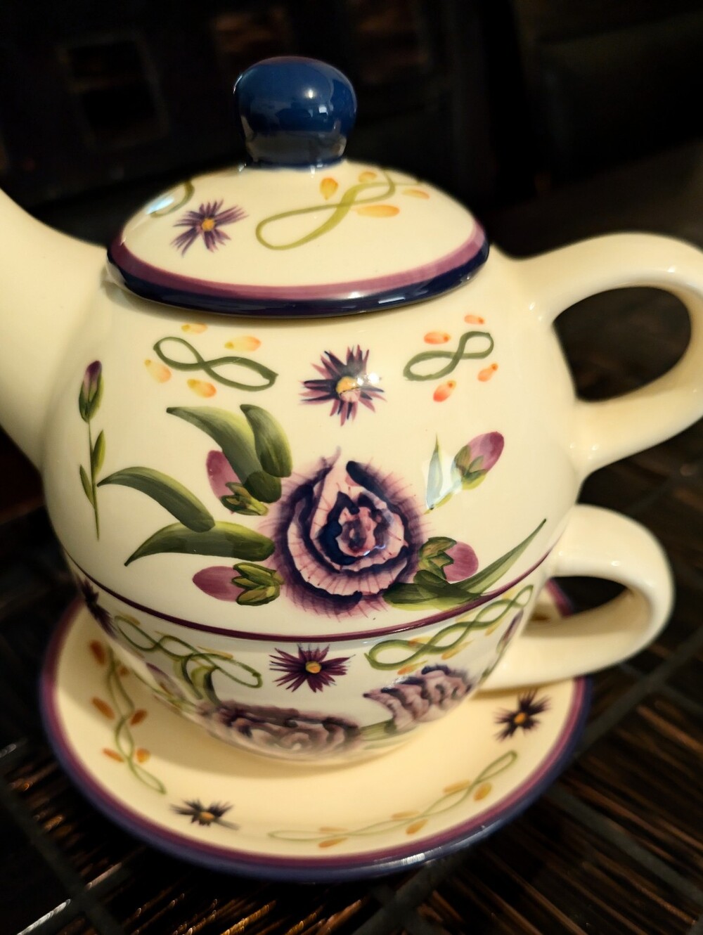 Barnes & Noble Yes For One Cream Teacup Set with Purple Floral Motif